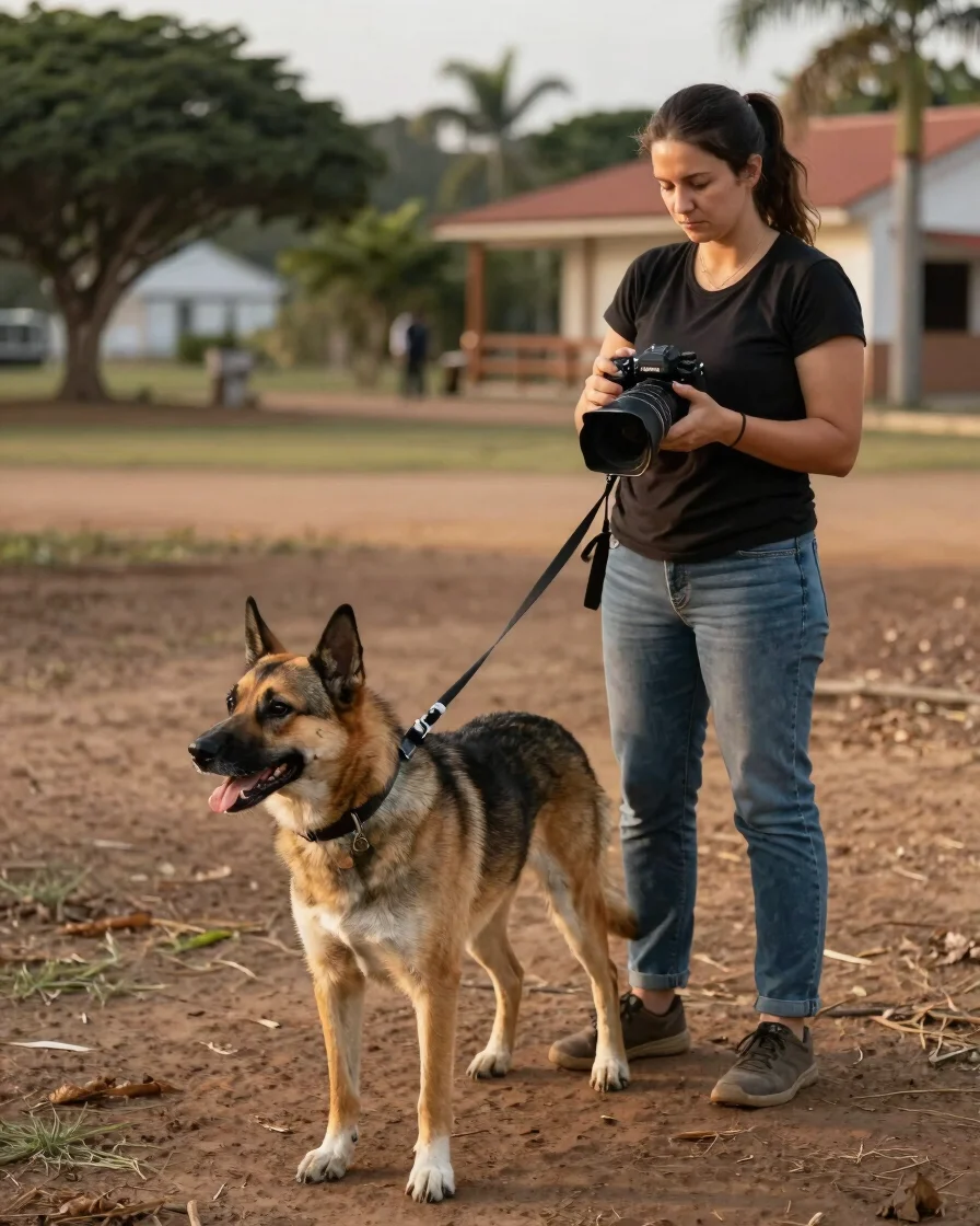 Cão de grande porte em treino de guia com tutora em praça tranqui