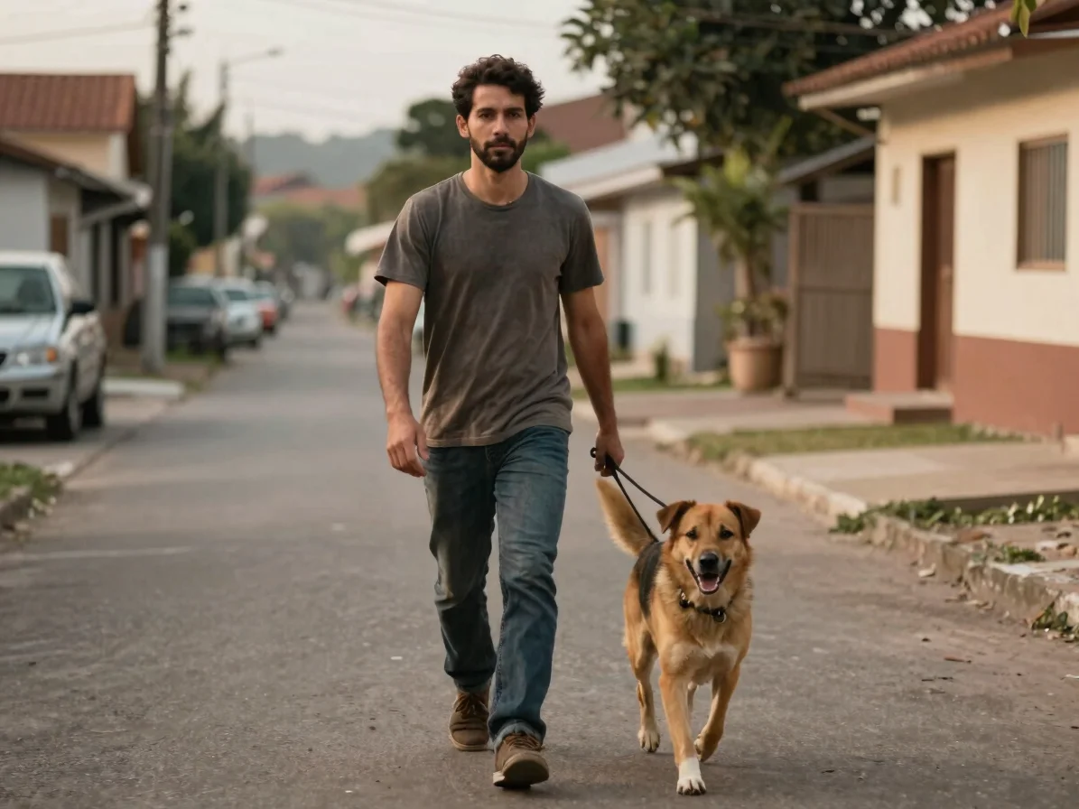 Tutor caminhando com cão de porte médio por uma rua residencial t