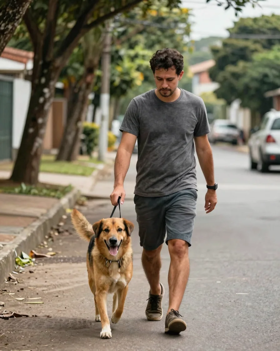 Tutor caminhando com cão de porte médio em rua residencial arbori